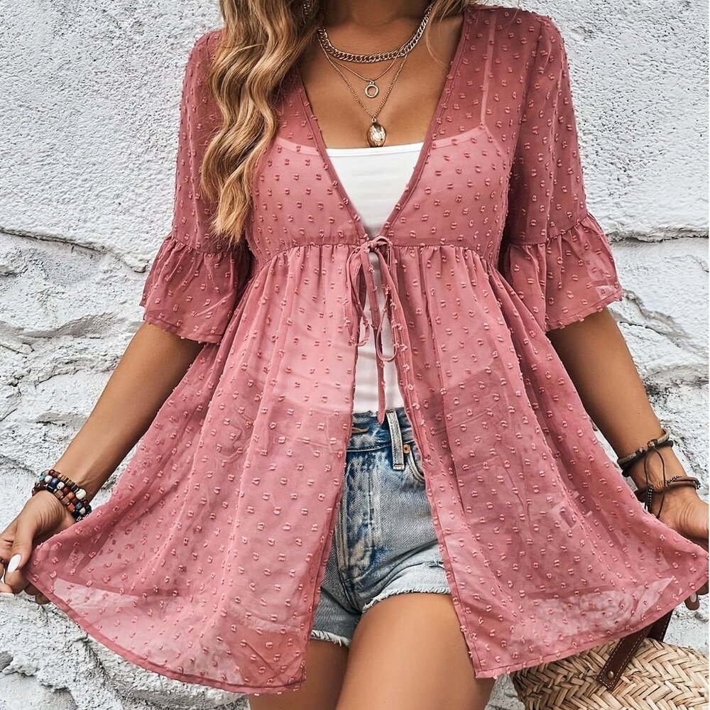 Unbranded Swiss Dot Chiffon Blouse Flared Sleeves Dusty Rose Coverup NEW Sz S